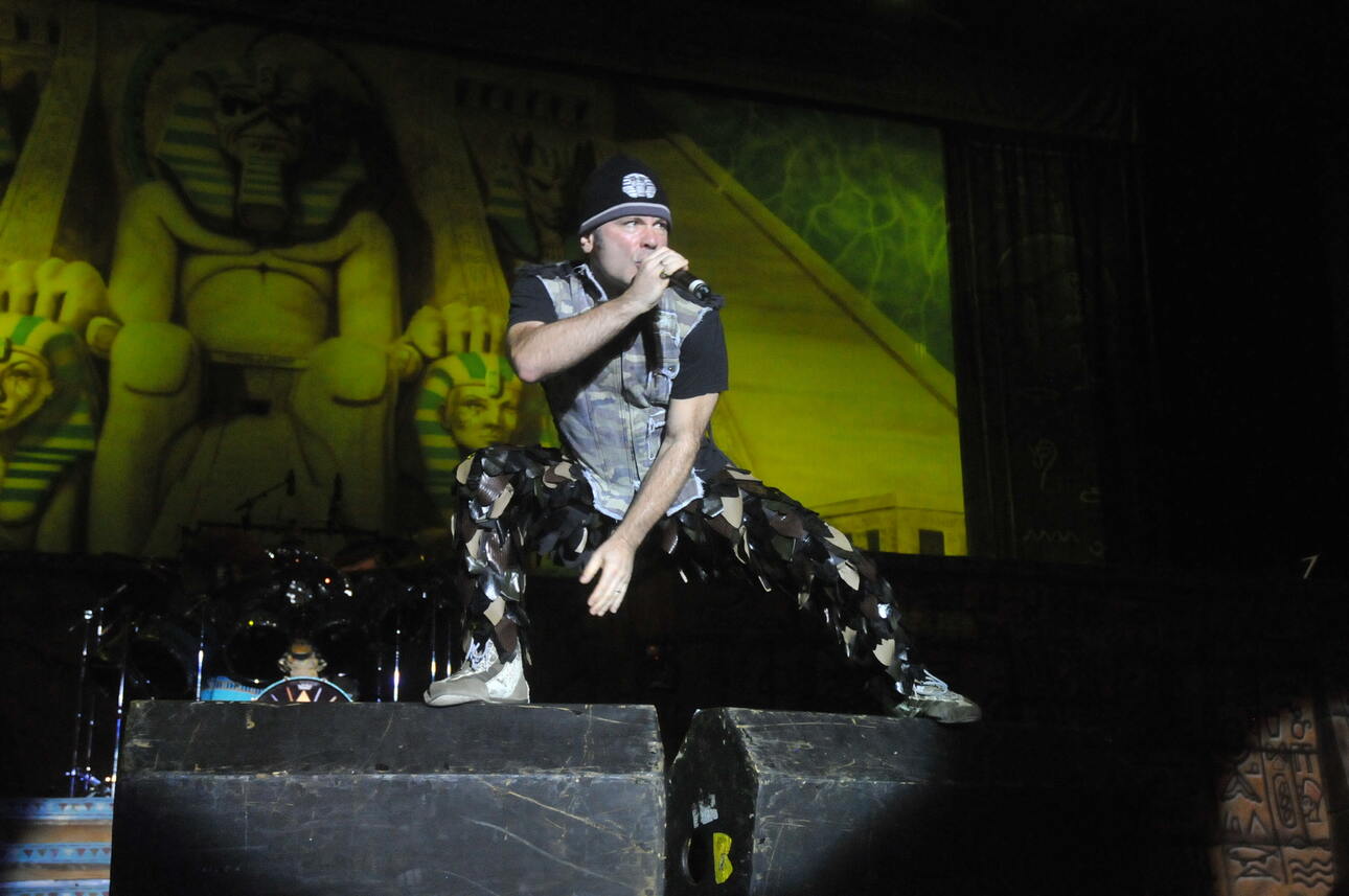 Vocalist Bruce Dickinson live with Iron Maiden in Sao Paulo, Brazil.