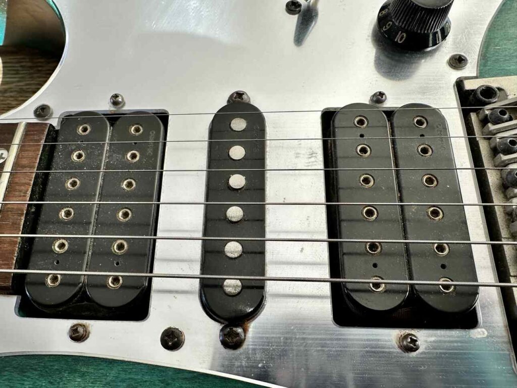 Overview of a DiMarzio pickup set on an Ibanez Industrial Jem BSB.