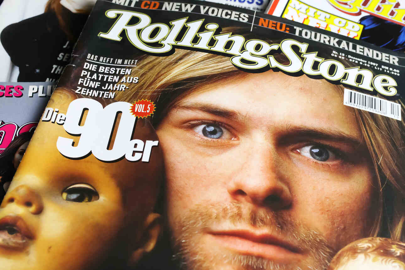 Picture of a Rolling Stone Magazine cover with the late Kurt Cobain of Nirvana.