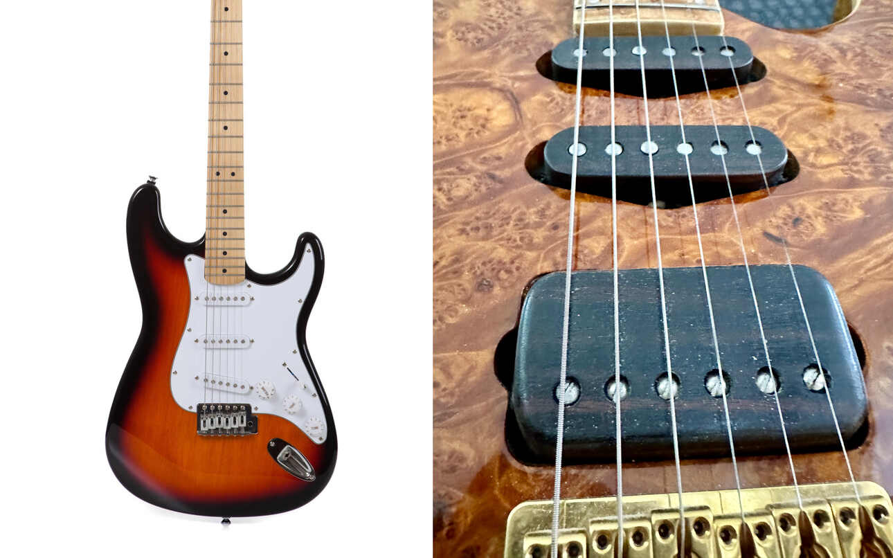 Two guitars, side by side, the left one with an SSS pickup configuration, the right one with an HSS configuration.