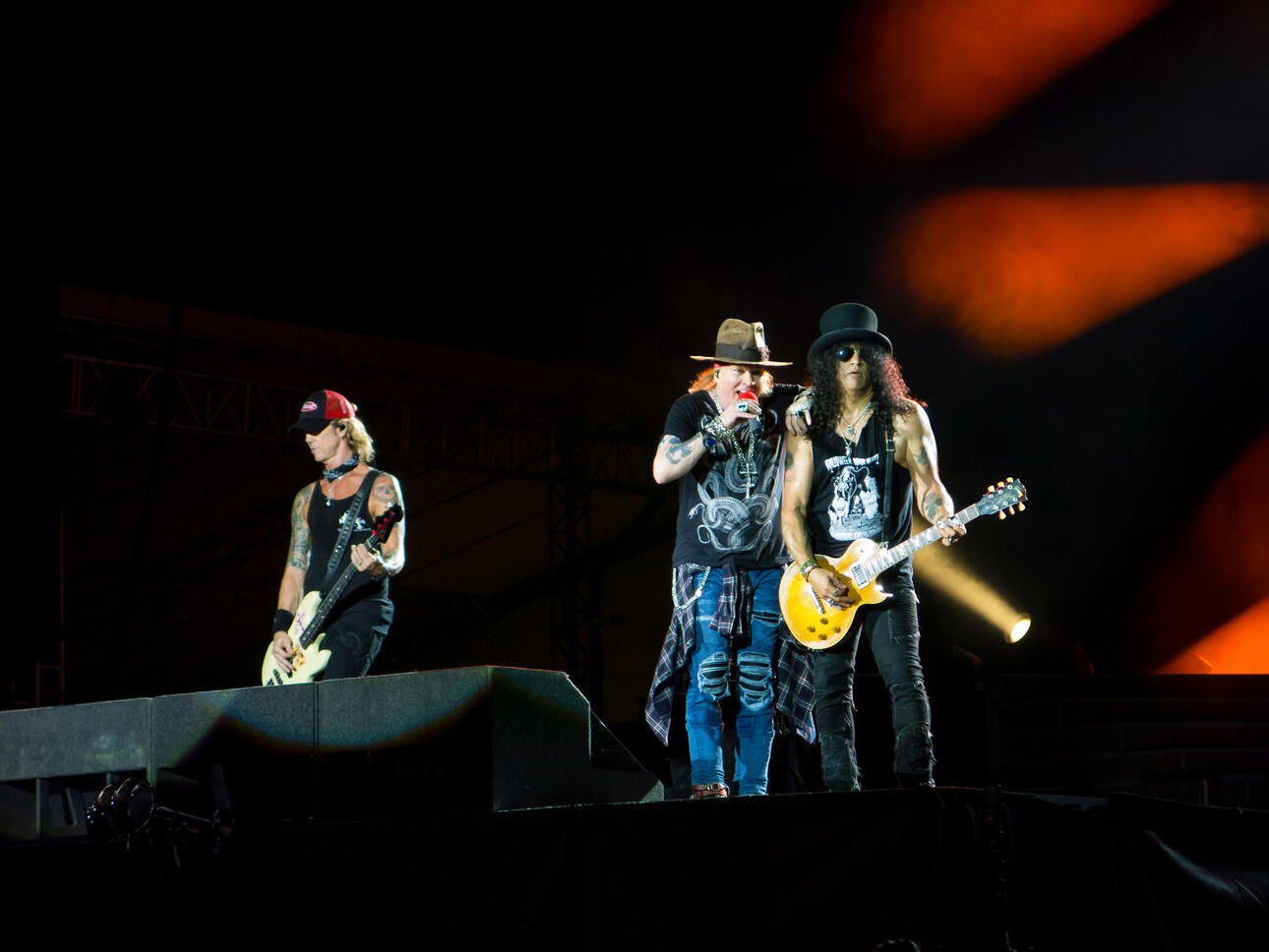 Guns 'n Roses live in Sao Paulo in 2016 with guitarist Slash on the right alongside singer Axl Rose.