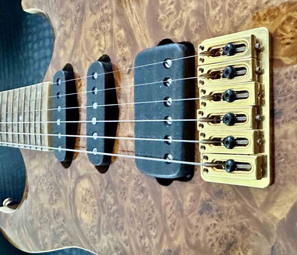 A HSS pickup configuration on a custom built electric guitar with Lindy Fralin pickups.