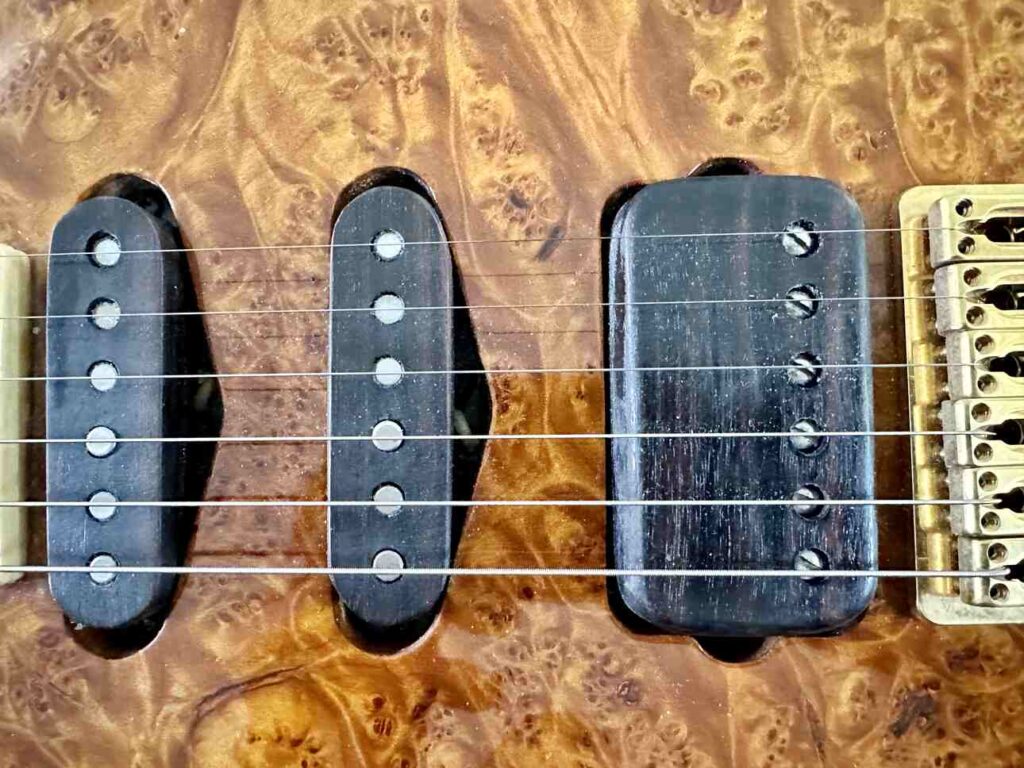 A custom-built electric guitar with an HSS Lindy Fralin pickup configuration.