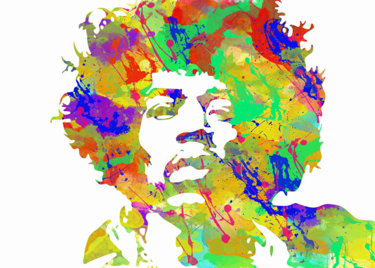 A colorful portrait image of Jimi Hendrix.