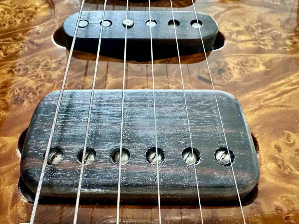 A Lindy Fralin single coil and humbucker pickup on a custom-built electric guitar.