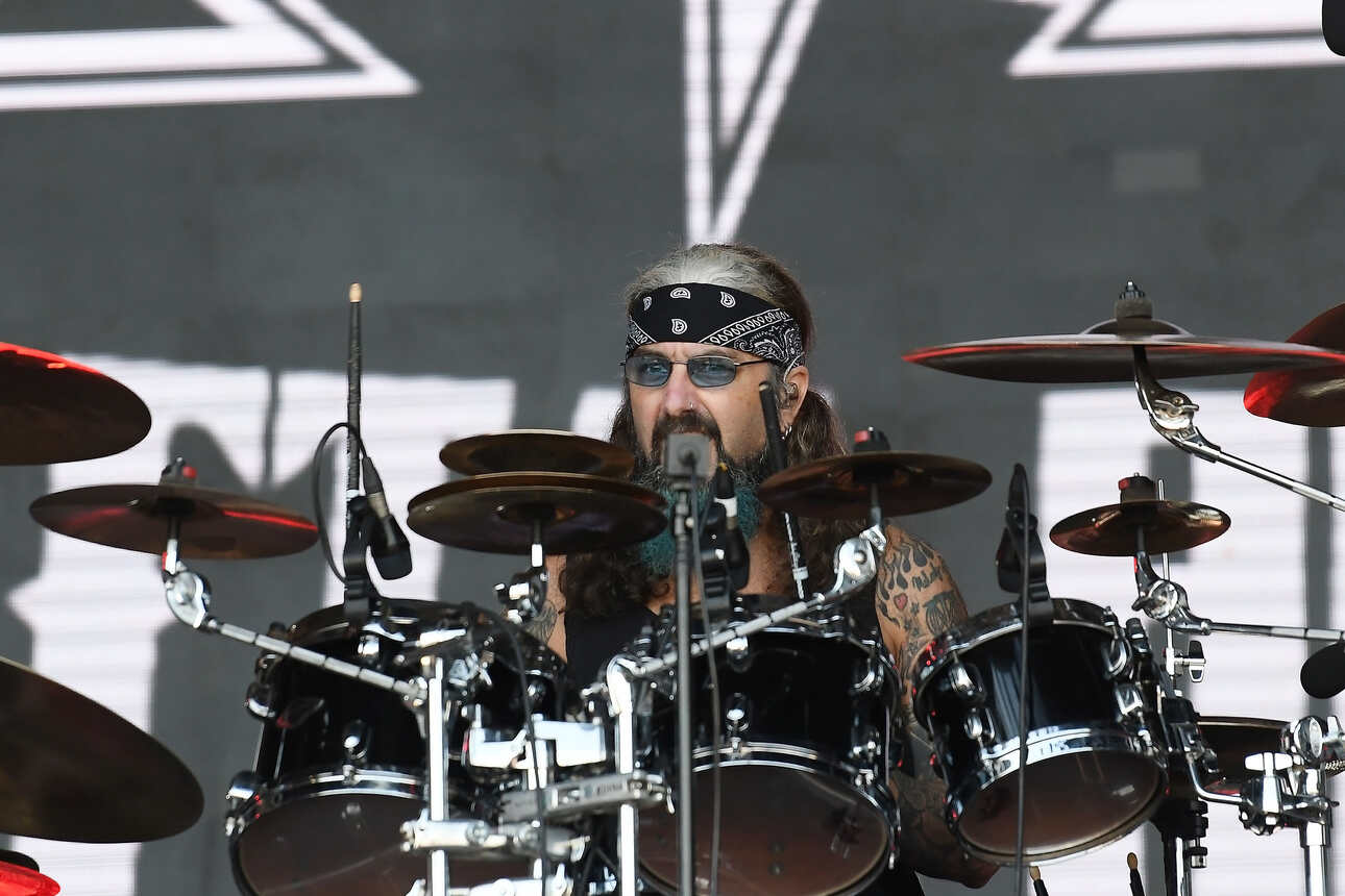 Drummer Mike Portnoy of The Winery Dogs behind his drum kit.